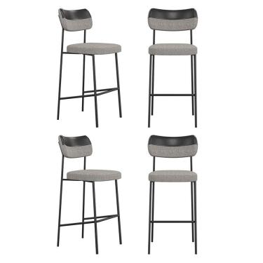 Imagem de Kit 04 Banquetas Altas Cozinha Lila Com Encosto Couríssimo Preto Linho Cinza - Abmaza