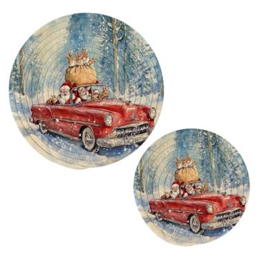 Imagem de Blueangle 2 peças de suporte de panela vintage vermelho para carro - conjunto de pegadores de panela de tecido redondo - almofadas quentes trançadas de algodão - porta-copos - tapetes de mesa para