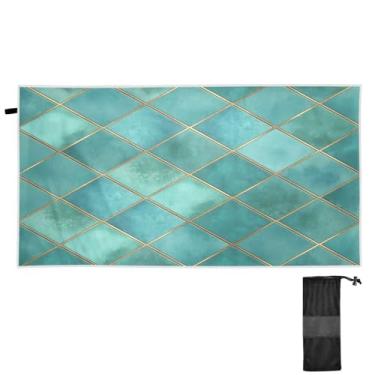 Imagem de ATTX Toalha de praia xadrez geométrica em aquarela azul-petróleo 76 x 152 cm - Cobertor de microfibra leve de secagem rápida e resistente à areia para piscina, ioga, academia e viagens | Esportes de