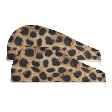 Imagem de SEHANY Toalha de cabelo de microfibra com estampa de leopardo simulada para mulheres, 2 peças, turbantes de cabelo de secagem rápida com botão, touca de cabelo seco absorvente toalha de secagem de