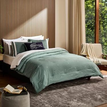 Imagem de Lacoste Conjunto de edredom Heritage Geo – roupa de cama de algodão percal com padrão geométrico, preenchimento alternativo, certificado Oeko-Tex, verde/geo, casal/queen