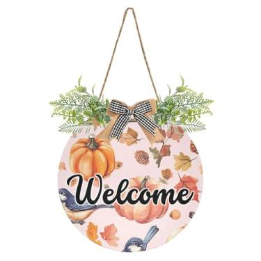Imagem de SEHANY Guirlandas de outono para decoração de porta da frente, letreiro de boas-vindas de abóboras de madeira rústica para pendurar no dia de Ação de Graças para decoração de festas ao ar livre