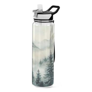 Imagem de ATTX Garrafa de água verde escura da montanha, 947 ml, à prova de vazamento e livre de BPA, garrafas de água reutilizáveis de plástico Tritan para viagens, academia, corrida, fitness #119