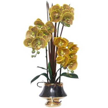 Imagem de CXGS Orquídeas flores artificiais toque real flor falsa em vaso de cerâmica 50,8 cm manchas amarelas planta de orquídea sintética seda realista Phalaenopsis para centro de mesa, hotel, casa, decoração