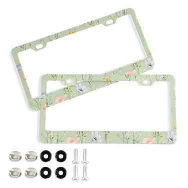 Imagem de SEHANY Molduras de placa de licença de flores florais coloridas, capas de moldura de placa de carro de alumínio à prova de ferrugem com orifícios elípticos e parafusos serve para veículos padrão dos