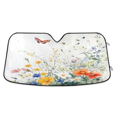 Imagem de ATTX Para-brisa de carro Spring Wildflowers and Butterflies 134.6 cm x 59.7 cm Protetor solar universal com proteção UV, persiana de janela frontal automática dobrável para Sedans SUVs Trucks #290