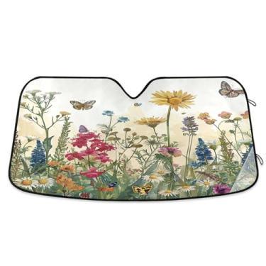 Imagem de ATTX Wildflowers Guarda-sol para para-brisas de carro de campo 144.8 cm x 80.0 cm Protetor solar universal com proteção UV, persiana de janela frontal automática dobrável para caminhões Sedans SUVs