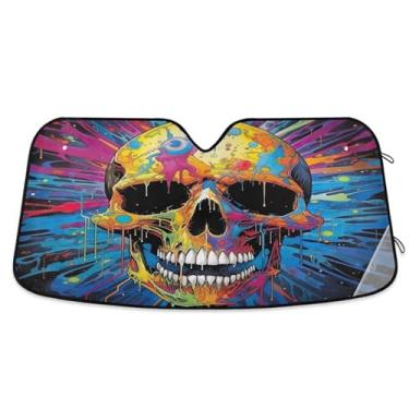 Imagem de ATTX Para-brisa de carro crânio colorido 139.7 cm x 70.1 cm escudo solar universal com proteção UV, persiana de janela frontal automática dobrável para caminhões Sedans SUVs #367