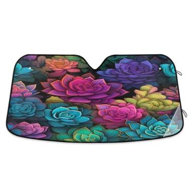 Imagem de ATTX Pára-brisas de carro suculentas coloridas 134.6 cm x 59.7 cm Protetor solar universal com proteção UV, persiana de janela frontal automática dobrável para caminhões Sedans SUVs #642