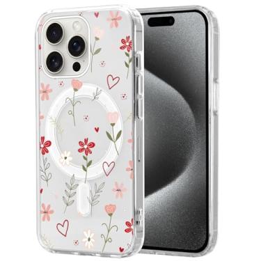 Imagem de Vulfwela Linda capa de telefone magnética de flor transparente para iPhone 16 Pro Max de 6,9 polegadas, compatível com MagSafe, capa de padrão floral vermelho estético com estampa de coração fina e