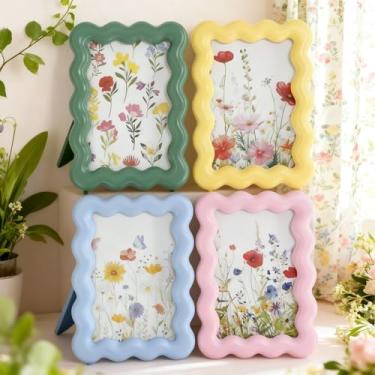 Imagem de Fiwochic 4 porta-retratos coloridos com flores florais recortadas, 10 x 15 cm, lindas molduras curvas, divertidas, mini molduras onduladas, engraçadas para exibição de parede de mesa, decoração de
