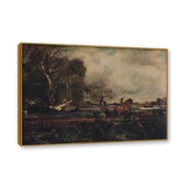 Imagem de Moldura de teca. Arte em tela romantismo estilo constável, (Cavalo saltando), pintura de paisagem inglesa emoldurada, decoração de parede elegante para sala de estar escritório. 50 x 70 cm - 19,6 x