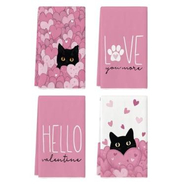 Imagem de Artoid Mode Black Cats Pink Hearts Toalha de prato com estampa de pata dos namorados, 45 x 66 cm, decoração de casamento, conjunto de limpeza com 4