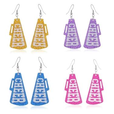 Imagem de 4 pares de brincos de megafone cheerleader com glitter para mulheres, leves, brincos de acrílico para o dia do jogo, rugby, futebol, jogo, dia, joia, presentes, Extra large, Liga de aço, Sem pedra