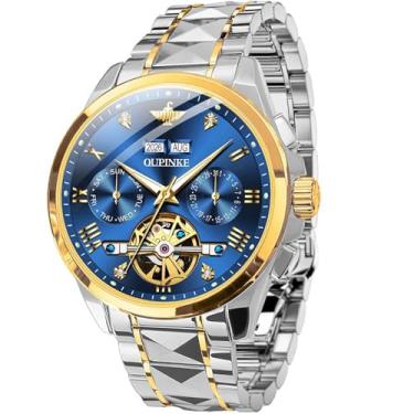 Imagem de OUPINKE Relógio de pulso masculino esqueleto, mecânico, automático, com calendário, cristal de safira, aço de tungstênio, à prova d'água, Azul