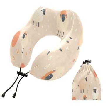 Imagem de CEBUGI Travesseiros de viagem portáteis em forma de U, travesseiro de pescoço de espuma viscoelástica com trava de corda ajustável para avião, viagem, trem, negócios, escritório, cochilo (ovelhas)