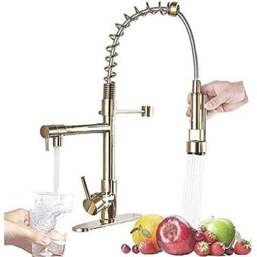 Imagem de Torneira G Torneira de cozinha Torneira cromada 360 ° Torneira de bocal duplo giratória alta pressão água fria e quente disponível latão torneira de cozinha - ouro