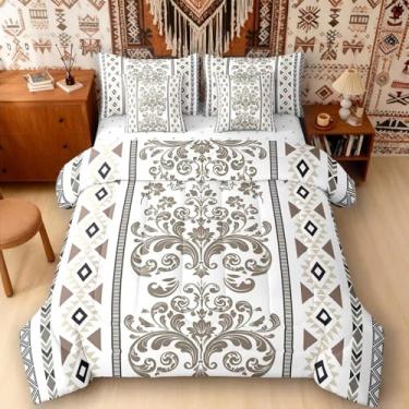 Imagem de Jogo de cama King com estampa de oeste, decoração antiga, 7 peças, verde-oliva damasco, geométrico, asteca e asteca, conjunto de cama barroco, vintage, floral, gótico, decoração boêmia