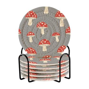 Imagem de SEHANY Conjunto de 6 porta-copos de cogumelos florestais com suporte, porta-copos redondos absorventes de algodão resistente ao calor para mesa de jantar, canecas de café, 10 cm