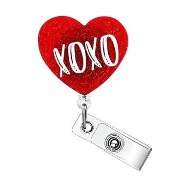 Imagem de XO Carretel retrátil de crachá de coração vermelho para dia dos namorados, porta-crachá retrátil, com clipe jacaré, fofo, engraçado, para enfermeiras, médicos, professores, funcionários de escritório