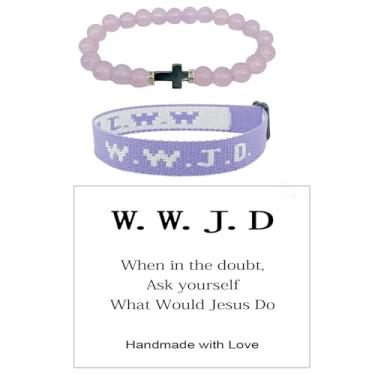 Imagem de COLORFUL BLING WWJD Pulseira de Corda Trançada Cruz Contas de Cristal Conjunto de Pulseiras Pedra de Cura Natural Feito à Mão What Would Jesus Do Pray Pulseira Elástica Proteção Presentes Inspiradores