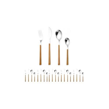 Imagem de Conjunto 24 Peças Talheres Cabo Tipo Madeira, Aço Inox, 6 Garfos, 6 Facas Churrasco, 6 Colheres Mesa, 6 Colheres Sobremesa
