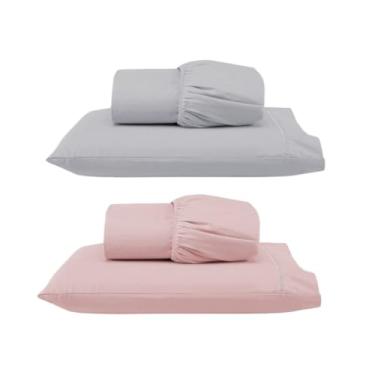 Imagem de Kit 2 Jogos de Lençol Solteiro com Elástico e Fronha Bordada em Ponto Palito, 4 Peças em Micropercal 300 Fios 100% Poliéster (2 Jogos Solteiro Versat (Cinza/Rosê))