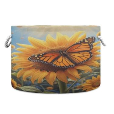 Imagem de JUZIHAI Cesta de armazenamento dobrável de girassóis, borboleta, cesto de roupa suja para bebê, cobertor com alças de corda de algodão, caixa organizadora de armário dobrável para quarto, berçário