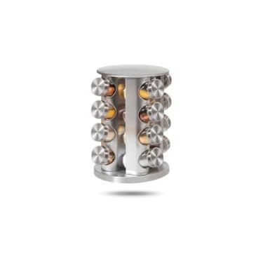 Imagem de Porta Condimentos de Vidro e Aço Inox, Torre com 16 Potes de 80ml, Base em Madeira, 30x12x28cm, para Cozinha