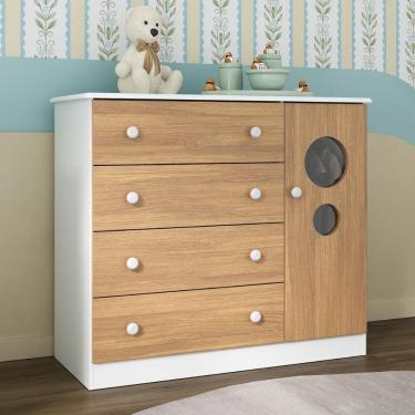 Imagem de Cômoda Infantil 95cm 1 Porta Com Vidro E 4 Gavetas Pirulito Multimóveis MP4469 Branco/madeirado