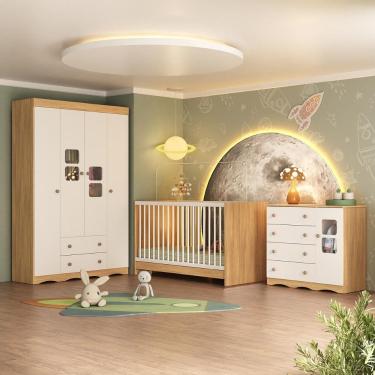 Imagem de Quarto De Bebê Completo Com Berço 3 Em 1 Para Colchão 130x60cm Serena Multimóveis Mp4519 Madeirado/branco