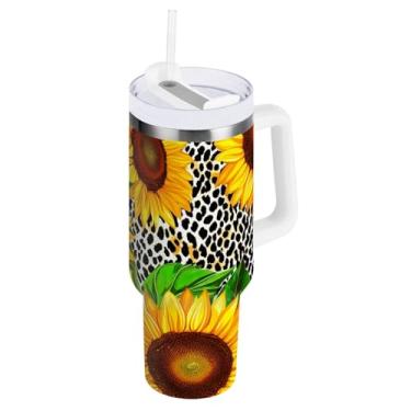Imagem de ODAWA Copo isolado de parede dupla de 1,134 g, copo com isolamento duplo de girassóis com estampa de leopardo com alça e tampa de canudo