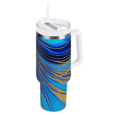 Imagem de ODAWA Garrafa de água grande com isolamento de mármore azul dourado com alça e tampa de palha, copos de aço inoxidável isolados