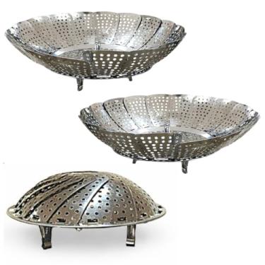 Imagem de Cesta de Cozimento a Vapor Premium, Inox, Aço Inoxidável, 22cm Diâmetro x 8cm Altura, Dobrável, Design Articulado, para Legumes, Verduras, Peixes, 3 Unidades