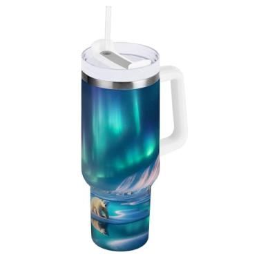 Imagem de Copo isolado a vácuo grande com tampa e palha, ursos polares Aurora Boreal copos isolados de viagem