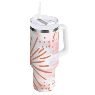 Imagem de ODAWA Copo de aço inoxidável isolado grande com alça e tampa de palha, copo com isolamento solar fofo de outono