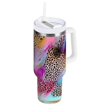 Imagem de ODAWA Copo de café grande para viagem com alça e tampa de palha, copo isolado de parede dupla de cores vibrantes