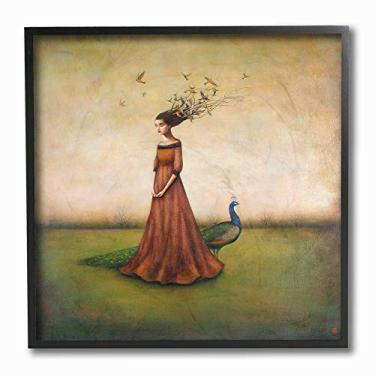 Imagem de The Stupell Home Decor Beauty and Birds in Her Hair Woman and Pavão Ilustration Framed Giclee Texturized Art, Multi-Color