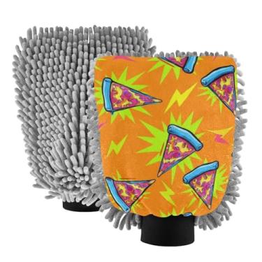 Imagem de Luvas de lavagem de carro laranja pizza desenho animado microfibra chenille, 2PK luva de lavagem de carro chenille, tamanho grande 21 x 29 cm
