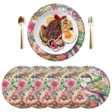 Imagem de Jogo americano floral para jardim de pássaros, conjunto de 6 jogos americanos de mesa de PVC, 38 cm, para mesa redonda, antiderrapante, para festa de Natal