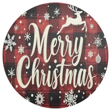 Imagem de Conjunto de 1 tapete de mesa vermelho xadrez Merry Christmas, 38 cm resistente ao calor, jogo americano circular de PVC, para mesa de jantar, mesa de cozinha