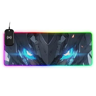 Imagem de Mouse pad RGB Blue Eyes com carregamento sem fio, mouse pad grande estendido para jogos com carregamento rápido de 15 W, luz LED de 14 cores, tapete de mouse antiderrapante para jogos, mesas, PC, escritório, 80 x 28 centímetros