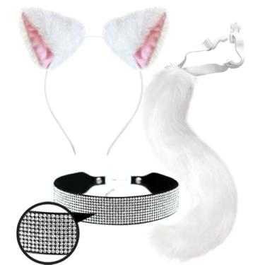 Imagem de OLYPHAN Cat Costume Accessories White Ears and Tail Costumes Set Furry Long Tale Faux Fur Cat Ears Headband Rhinestone Choker Necklace - Animal Halloween for Women/Adults Cosplay