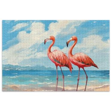 Imagem de Quebra-cabeças de praia flamingos rosa 1000 peças para adultos presentes de elefante branco engraçados Prime decoração de arte
