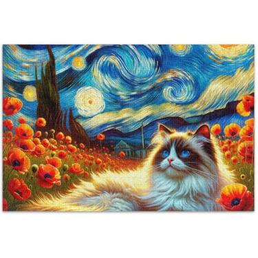 Imagem de Quebra-cabeça personalizado de gato Ragdoll com flores noturnas estreladas 1000 peças para adultos família elefante branco presentes divertidos brinquedo adulto desenho animado, 75 x 40 centímetros