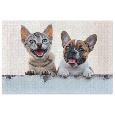 Imagem de Quebra-cabeça feliz de gato e cachorro sentado ao lado, 1000 peças para adultos, pintura, decoração, natureza, quebra-cabeça, jogos, presentes