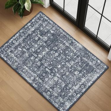 Imagem de Tapete lavável de 7 x 12 cm para entrada, tapetes pequenos Boho neutros para quarto ao lado do tapete, lavanderia, antiderrapante, camada baixa, retrô, ultramacio, tapete de lã sintética, azul marinho