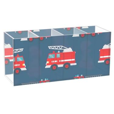 Imagem de TSENQUE Porta-canetas de acrílico personalizado com desenho de caminhões de bombeiros, vermelho, azul marinho, para mesa, escritório, arte, caddie, maquiagem, pincel, porta-copos, escritório, estética