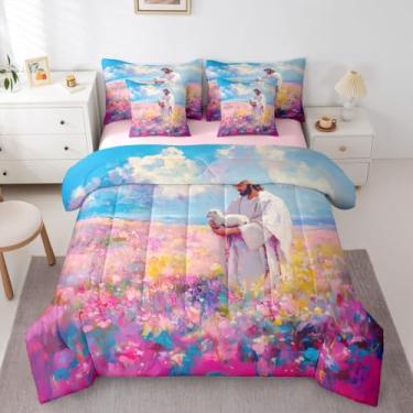 Imagem de Manfei Conjunto de edredom infantil de Deus e Cordeiro, tamanho Queen, arte espiritual da crença, roupa de cama ocidental, 7 peças, decoração de flores de cordeiro perdido para meninas e meninos, azul