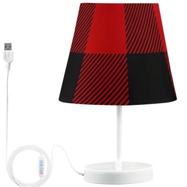 Imagem de TSENQUE Candeeiro de mesa moderno de lenhador xadrez vermelho preto moderno lâmpadas de LED para mesas noturnas recarregável por USB decoração de casa lâmpada de quarto estética